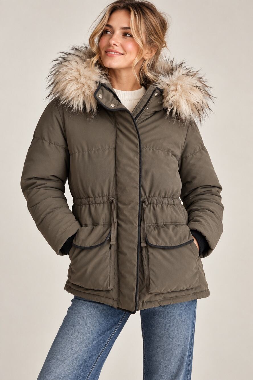 Abercrombie & Fitch Faux Fur Hooded Puffer Parka Jacket – Olive Green – XS